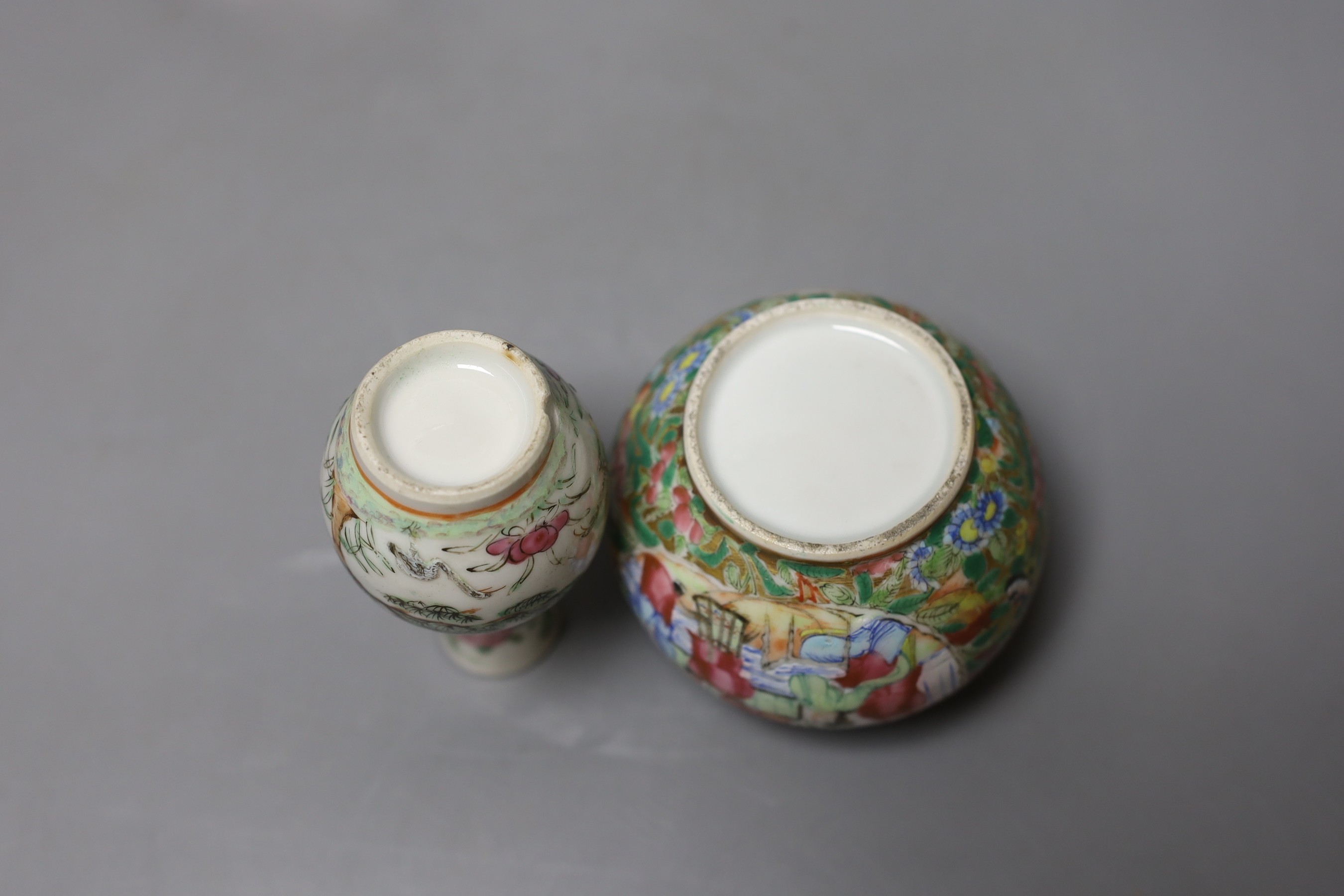 Three 19th century Chinese Canton decorated items and a sang-de-boeuf duck - tallest 10cm